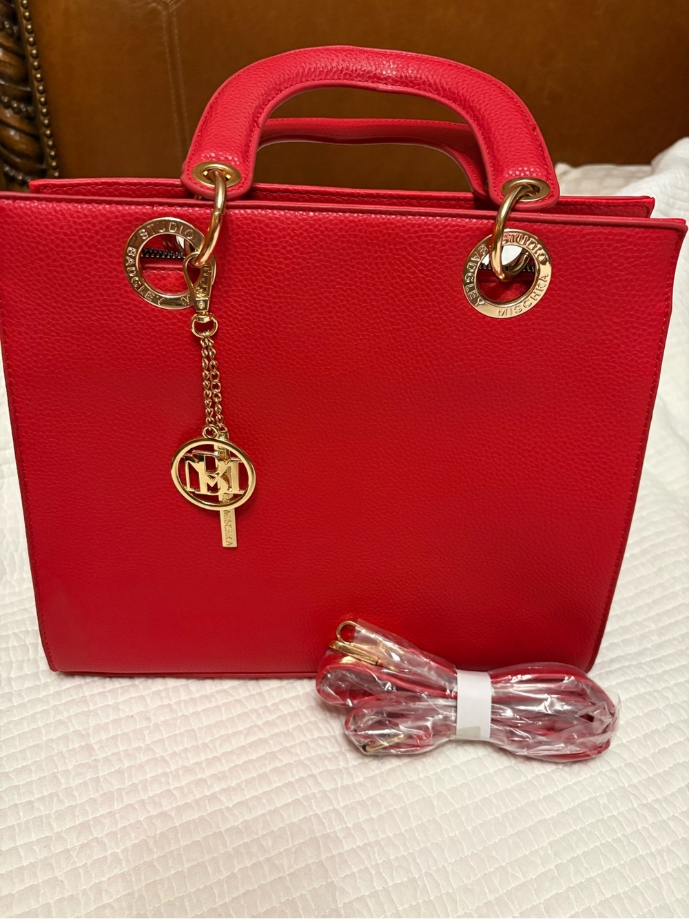 Badgley Mischka Red Structured Handbag with Gold Accents